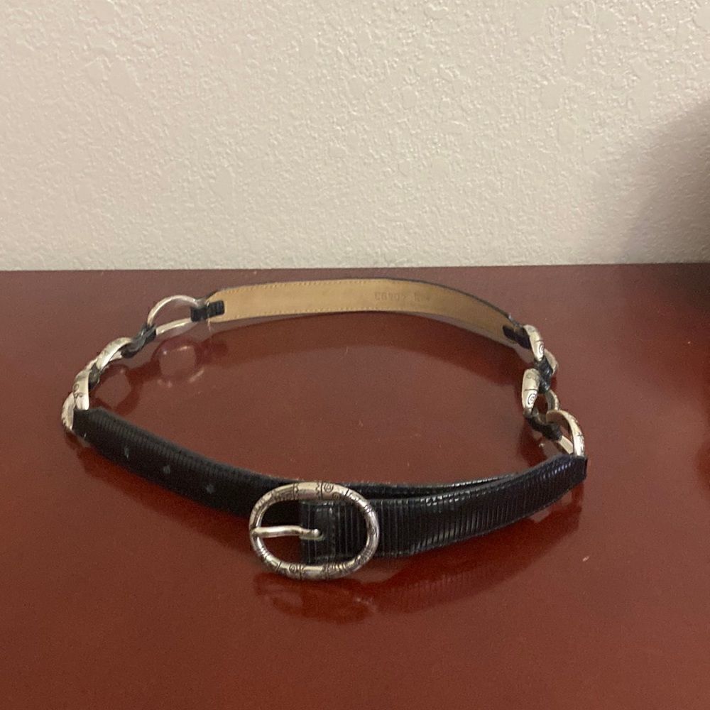 "Brighton" Black Leather Belt with Embossed Silver-Tone Metal Accents (Size S 28